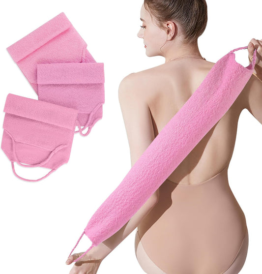 3 Pcs Double-Sided Back Exfoliator Body Scrub Towel, Exfoliating Back Scrubber with Handles,Exfoliating Washcloth Bath Tool in Shower, Stretchable Back Washer to Deep Cleans Skin (Pink)