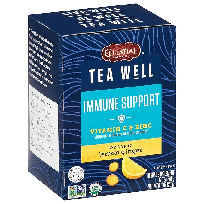Celestial Seasonings TeaWell Herbal Tea, Lemon Ginger, Caffeine Free Organic Wellness Tea, 12 Tea Bags