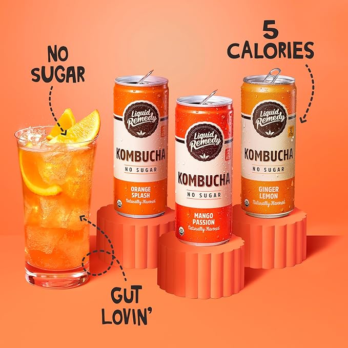 Liquid Remedy Kombucha Sugar Free Organic Drink, Low Calorie, Probiotic Like Tea for Gut Health - Tropical Trio Variety Pack - 8.5 Fl Oz Can, 12-Pack