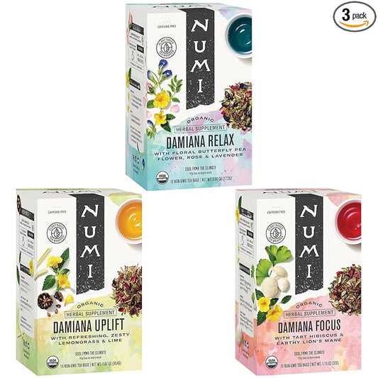Numi Organic Damiana Herbal Tea Variety Pack - Relax, Focus & Uplift with Damiana, Butterfly Pea Flower, Lemon Balm, Gingko (Pack of 3), 16 Count Herbal Tea Bags