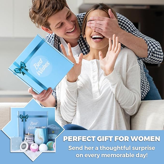 Birthday Gifts for Women – Relaxing Spa Care Package with Wine Tumbler, Bath Bombs, Candle & Socks – Self Care Gift Box for Her