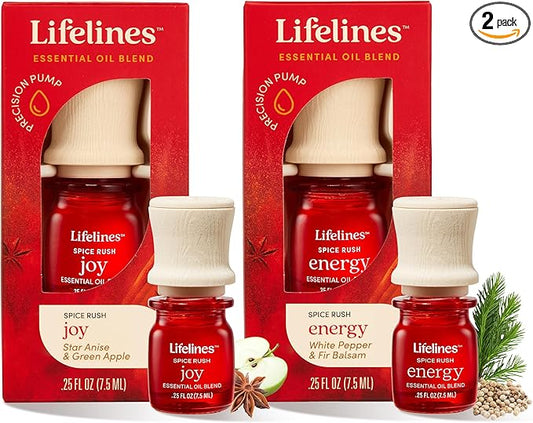 Lifelines Essential Oil Blends, 2-Pack - Blended Essential Oils with Mess-Free Precision Pump for Aromatherapy Diffusers - Long-Lasting Scented Fragrance - Spice Rush (Joy & Energy)