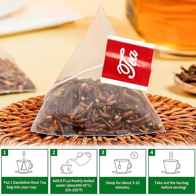 Roasted Dandelion Root Tea Bags - 60bags/6.4 OZ 100% Pure & Natural Roasted Dandelion Herbal Tea, Caffeine Free, No Additives, No Sugar, Non-GMO, No Gluten