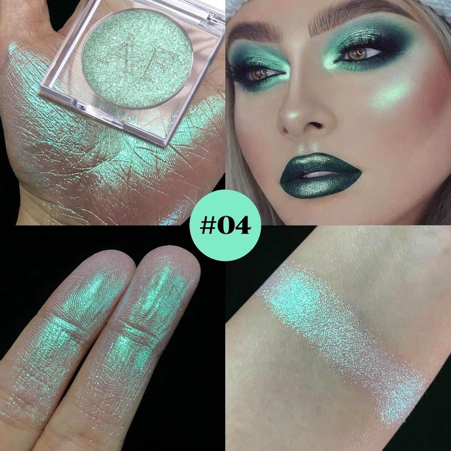 Highlighter Makeup Palette, Long Lasting New Formula, Dazzling Green-Silver Shimmer, Sheer Silver Base, Ideal for Face and Body Contour and Cheek Highlight (#04) Green-Silver Dazzling Shimmer