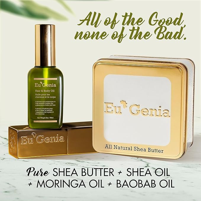 Eu'Genia Shea Face, Lip & Body Shea & Moringa 3-PC Gift Set – Hydrating Lip Balm, Nourishing Body Oil, 12oz Dermatological Shea Butter – Natural Skincare