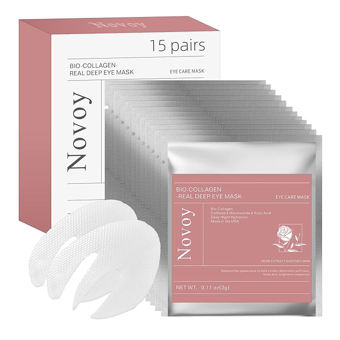 Novoy 15 Pairs Bio-Collagen Real Deep Eye Patches - 6-in-1 Retinol Overnight Eye Patches for Dark Circles, Puffiness & Wrinkles | 2% Caffeine+Hyaluronic+Niacinamide, Korean Popular Eye Mask - ROSE