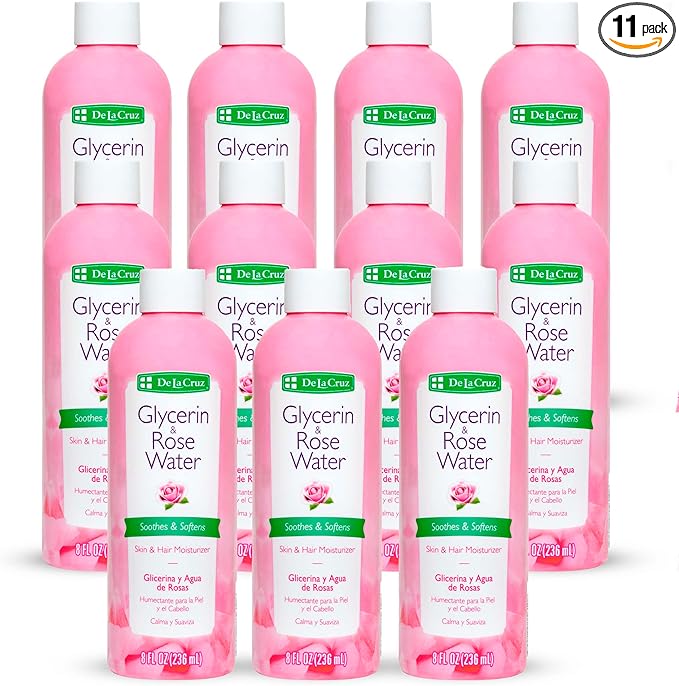 De La Cruz Rose Water and Glycerin for Face - Rosewater Facial Toner and Moisturizer for Skin and Hair 8 fl oz (236 mL) - 11 Bottles