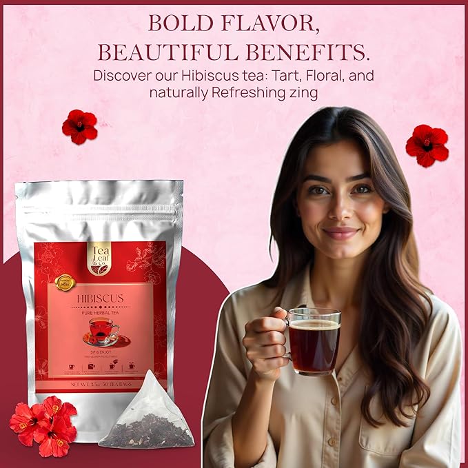 Tealeaf & Co. Hibiscus Tea with Hibiscus Flowers Extract - Pure Herbal Tea Bags Blended with Fresh Herbs - Flavored Herbal Blend - Low Caffeine - Gluten Free - 50 Teabags