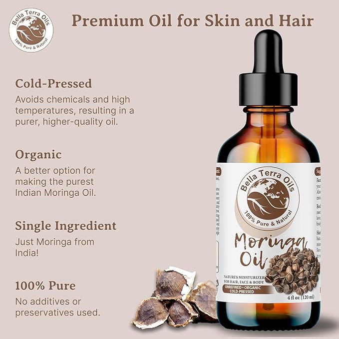 Bella Terra Oils - Organic Moringa Seed Oil 2oz - A Blend of Nature's Best, High in Oleic Acid & Vitamin E, For a Touch of Luxurious Smoothness