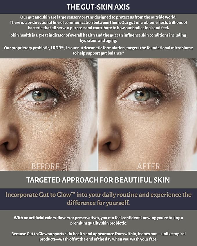 Gut to Glow – 120 Capsules - Probiotics for Skin - Supports Skin’s Youthful Appearance with Marine Collagen, hyaluronic Acid & astaxanthin