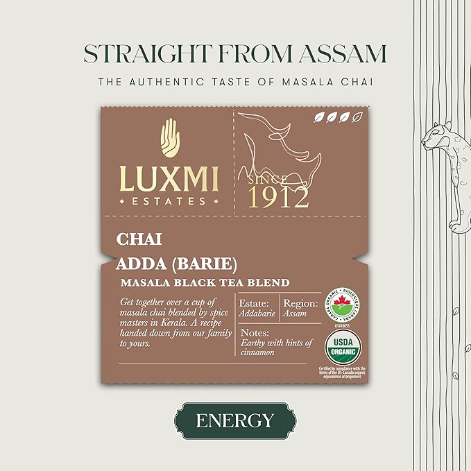 Luxmi Estates - Chai Adda-Bari - Organic Masala Chai Tea - 50 Tea Bags | Authnetic Indian Strong, Robust & Aromatic Masala Chai | Brew Hot, Iced or Make a Chai Tea Latte