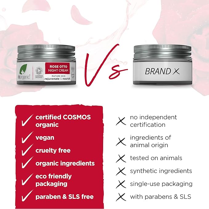 Dr. Organic Rose Otto Night Cream | Rejuvinating for Mature Skin, Aids in Healthy Aging, Promotes Youthful & Toned Skin, Natural, Certified Organic, Vegan, 50 mL / 1.7 fl oz