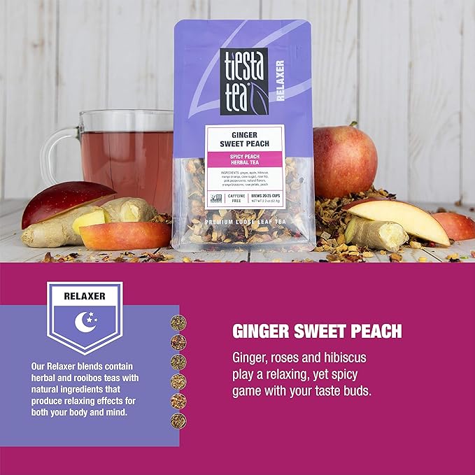 Tiesta Tea - Ginger Sweet Peach, Loose Leaf Spicy Peach Herbal Tea, Non-Caffeinated, Hot & Iced Tea, 2.2 oz Pouch - 25 Cups, Natural Flavored, Stress Relief, Herbal Tea Loose Leaf Blend (Pack of 3)