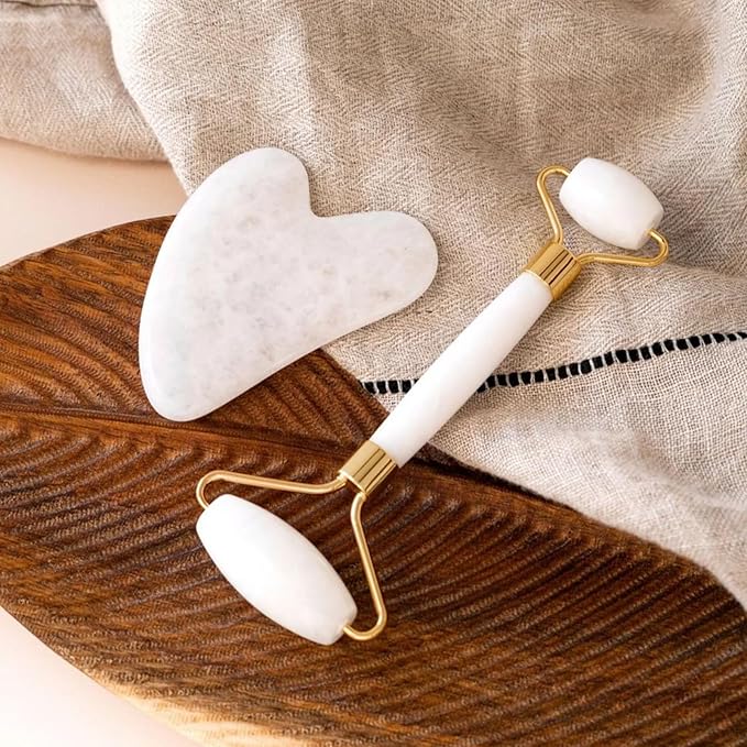 ROSELYNBOUTIQUE Gua Sha Facial Tools & Face Roller for Wrinkless Natural Skincare Tool Jade Roller Guasha Tool for Face Facial Massager (White Jade)