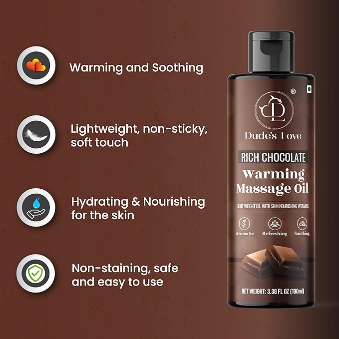 Dude's Love - Organic - Flavored Warming Body Massage Oil - Chocolate | No Stain - Non-Sticky | Nourish & Moisturize Skin | Aromatherapy Vegan Oil - 3.38 Fl Oz