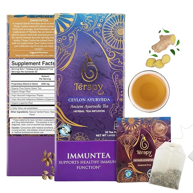 Térapy Ceylon ImmunTea Organic Tea Bags | All Natural Herbal Ingredients | Eco-friendly & Unbleached Pure Herb Tea Bags- Premium Individually Wrapped Herbal Tea Bags- 20 Count Tea Bags, 1.41oz(40g)