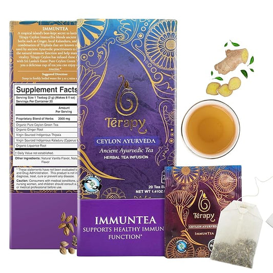 Térapy Ceylon ImmunTea Organic Tea Bags | All Natural Herbal Ingredients | Eco-friendly & Unbleached Pure Herb Tea Bags- Premium Individually Wrapped Herbal Tea Bags- 20 Count Tea Bags, 1.41oz(40g)