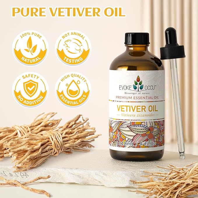 EVOKE OCCU Vetiver Essential Oil for Skin, DIY Candle Soap Making - 4 FL Oz