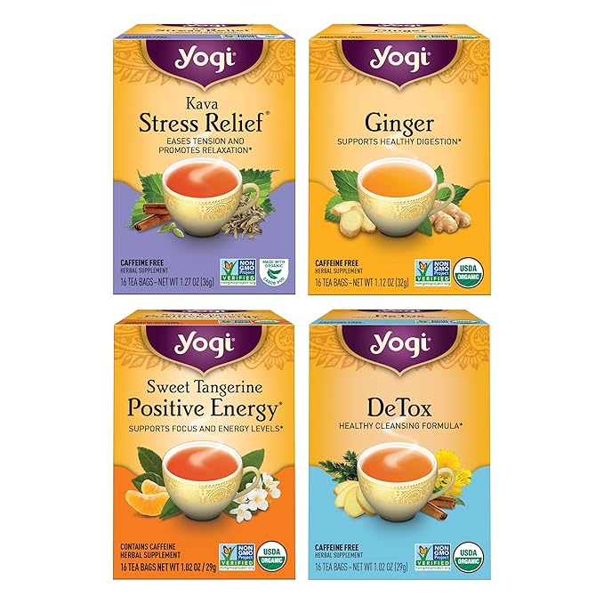 Yogi Tea Well-Being Variety Pack - 16 Tea Bags per Pack (4 Packs) - Black & Herbal Tea Sampler - Caffeine & Caffeine Free - Kava Stress Relief, Ginger, Sweet Tangerine Positive Energy & DeTox