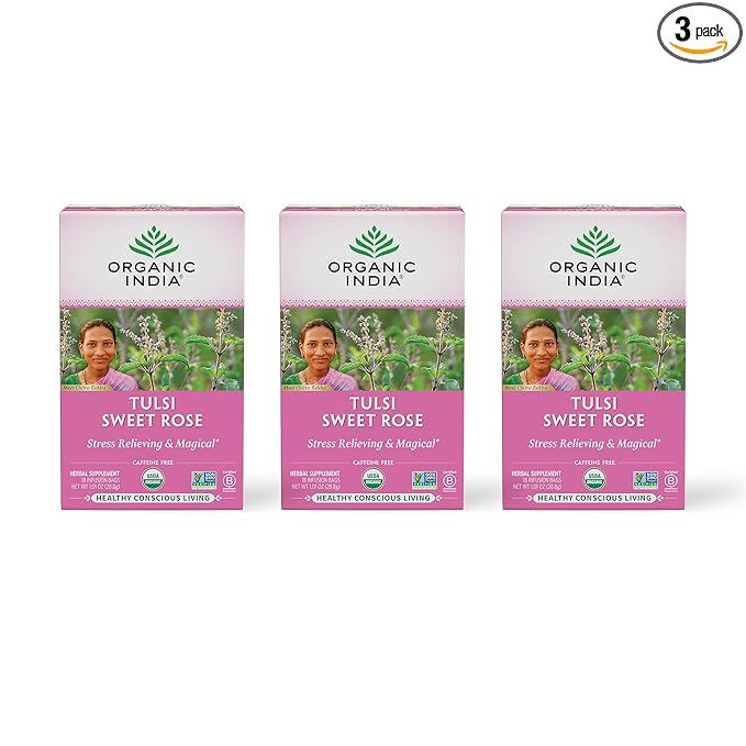 ORGANIC INDIA Tulsi Sweet Rose Herbal Tea - Holy Basil Leaf, African Basil, Chamomile, Lemon Myrtle, Stress Relieving, Caffeine Free - 18 Bags, 3 Pack