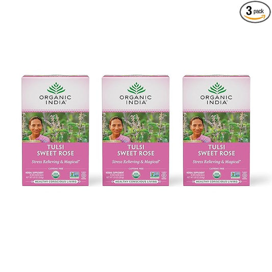 ORGANIC INDIA Tulsi Sweet Rose Herbal Tea - Holy Basil Leaf, African Basil, Chamomile, Lemon Myrtle, Stress Relieving, Caffeine Free - 18 Bags, 3 Pack