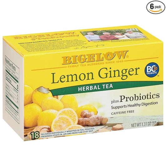 Bigelow Tea Lemon Ginger plus Probiotics Herbal Tea, Caffeine Free Tea with Lemon and Ginger, 18 Count Box (Pack of 6), 108 Total Tea Bags