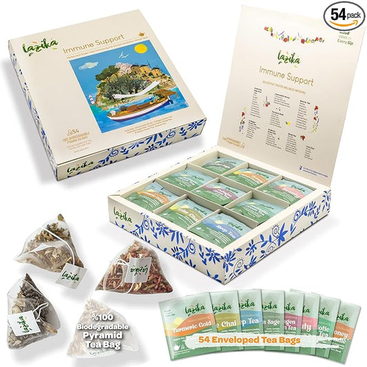 Lazika Herbal Tea Variety Pack with Lovely Presentation Box, 54 Counts, Immune Support Tea Assortment Gift Set, Premium Collection with Pyramid Infuser Bag, Handcrafted