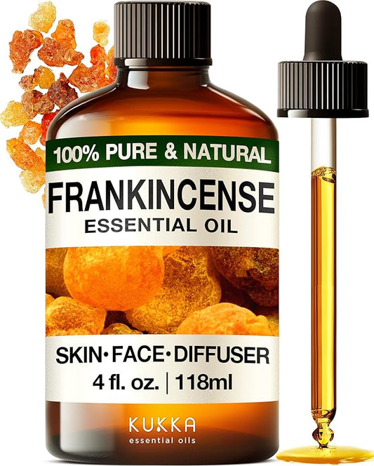 Kukka Frankincense Essential Oil for Face & Skin - 4 Fl Oz - 100% Pure Natural Frankincense Oil Made from Ethiopia Resin - A Holy & Woody Scent for Body Comfort, Aromatherapy & DIY Soap Making