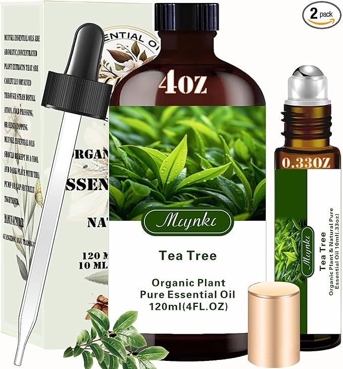 Tea Tree Essential Oil - Tea Tree Oil 4 Fl Oz & Roll On 10ML Essential Oil Set for Aroma Diffuser Humidifier Home Fragrance Bath SPA Cleaning Yoga Soap Perfume Gift for Women