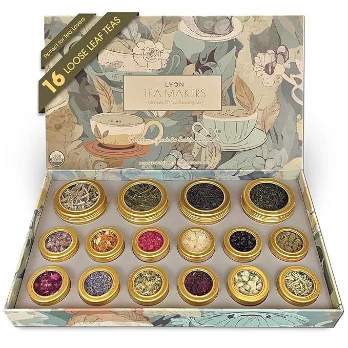 Lyon DIY Tea Blending Set-16 Tin Variety Pack-Premium Herbal Tea & Exotic Floral/Fruit Flavor Infusers - Create 75+ Cups w/Assorted Teas, Oolong, Chamomile, Rose, Peach & More