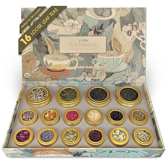 Lyon DIY Tea Blending Set-16 Tin Variety Pack-Premium Herbal Tea & Exotic Floral/Fruit Flavor Infusers - Create 75+ Cups w/Assorted Teas, Oolong, Chamomile, Rose, Peach & More