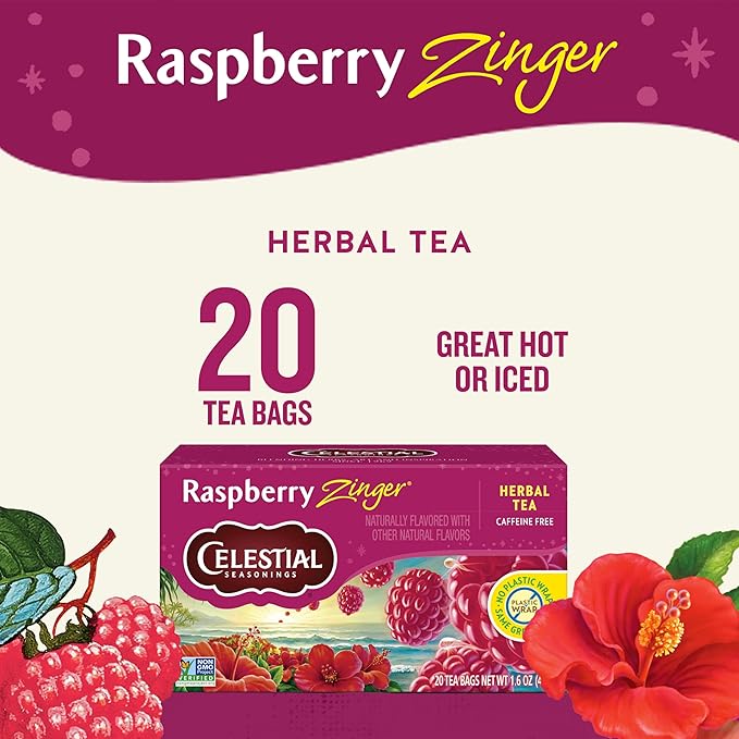 Celestial Seasonings Raspberry Zinger Herbal Tea, Caffeine Free, 20 Tea Bags Box