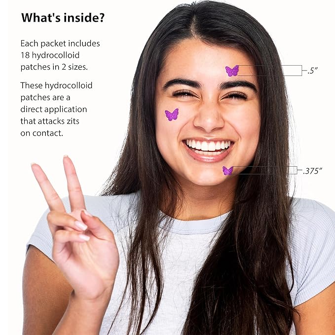 Frilliance Purple Butterfly Shaped Power Boost Salicylic & Hydrocolloid Acne Pimple Patches for Zits and Blemishes (18 Count, 2 Sizes), Vegan and Cruelty Free