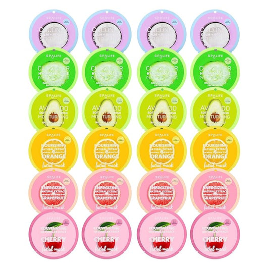 SpaLife Beauty Fruit Facial Sheet Masks 24 Pack – Face Masks Skincare Set – Hydrating Face Masks – 6 Natural Fruit Extract Formulas – Orange, Grapefruit, Coconut, Cherry, Avodcado, Cucumber