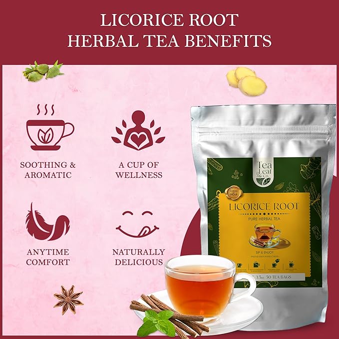 Tealeaf & Co. Licorice Root Tea Blended with Organic Spices - Pure Herbal Tea Bags with Cardamom, Ginger, Cinnamon Sticks & Licorice Root Extract - Low Caffeine - Gluten Free - 50 Teabags