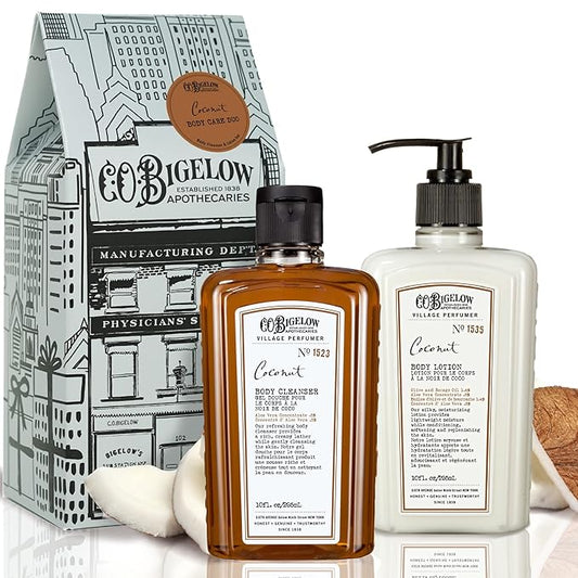 C.O. Bigelow Apothecary Duo, Coconut Body Care Gift Box with Body Soap & Lotion, Gift Set of Two - Moisturizing Lotion & Liquid Body Wash for Dry Skin - 10fl oz Each