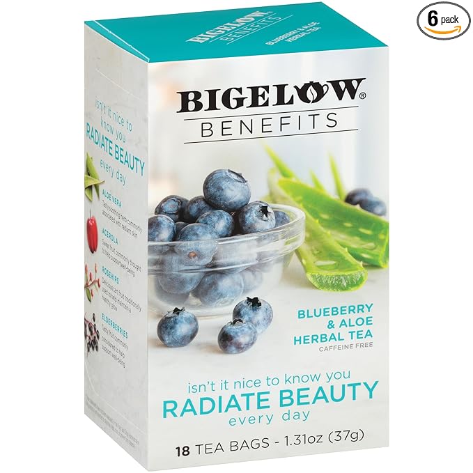 Bigelow Benefits Radiate Beauty Blueberry and Aloe Herbal Tea, Caffeine Free, 18 Count (Pack of 6), 108 Total Tea Bags