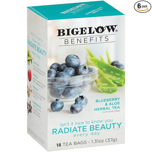 Bigelow Benefits Radiate Beauty Blueberry and Aloe Herbal Tea, Caffeine Free, 18 Count (Pack of 6), 108 Total Tea Bags