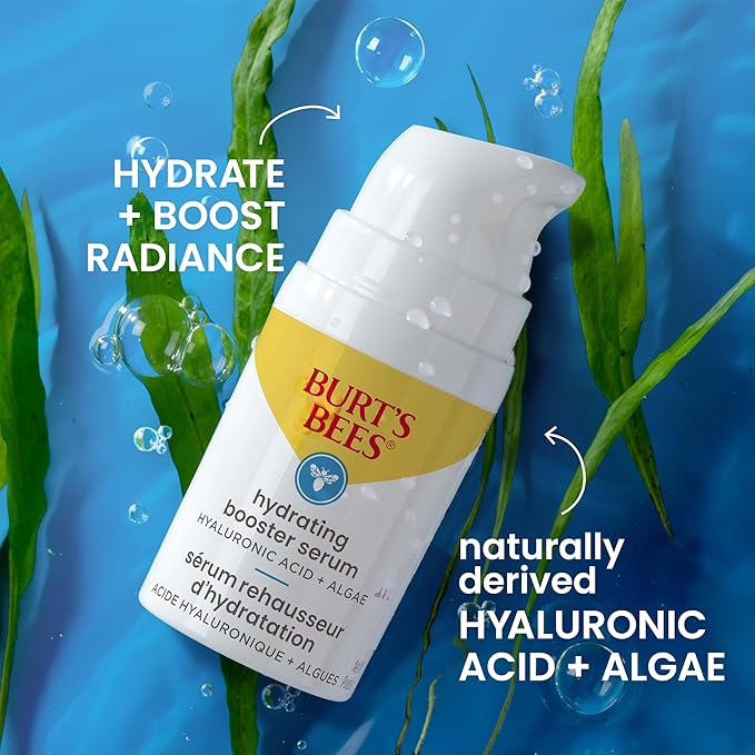 Burt's Bees Hyaluronic Acid Face Serum, Hydrates & Boosts Skin Naturally for Smoother, Glowing Skin Tone, Lightweight, with Algae - Hydrating Booster Facial Serum (1 oz)