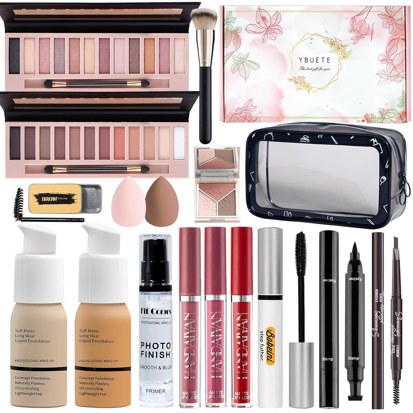 Makeup Set Kit for Women Full Kit, Makeup Gift for Makeup Beginner, Eyeshadow Foundation Face Primer Brush 3 in 1 Palette Lip Gloss, Eyebrow Soap Mascara Eyeliner cosmetic bag
