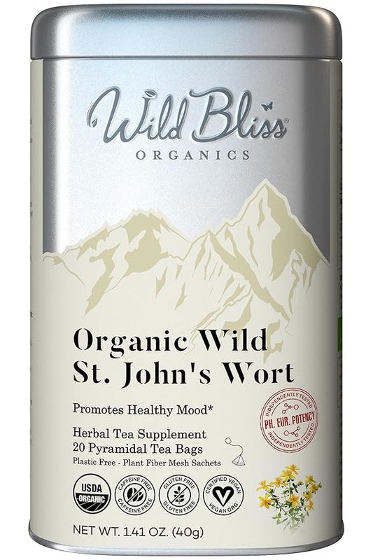 Wild Bliss Organic St Johns Wort Herbal Tea - Caffeine Free Mood Balance Support Tea - Pharmacopoeia Potency - 20 Plant Based Tea Bags