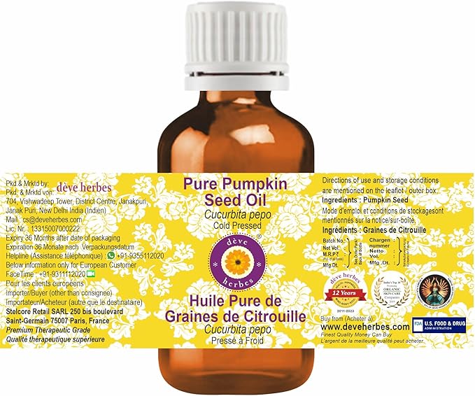 dève herbes Pure Pumpkin Seed Oil (Cucurbita pepo) 100% Natural Therapeutic Grade Cold Pressed 15ml (0.50 oz)