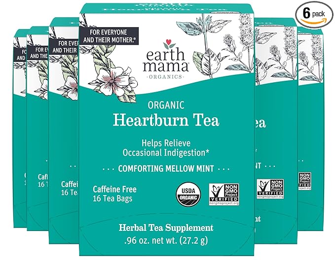 Earth Mama Organic Heartburn Tea | Pregnancy-Safe Soothing Herbal Blend with Marshmallow Root, Lemon Balm & Chamomile, 16 Teabags Per Box (6-Pack)