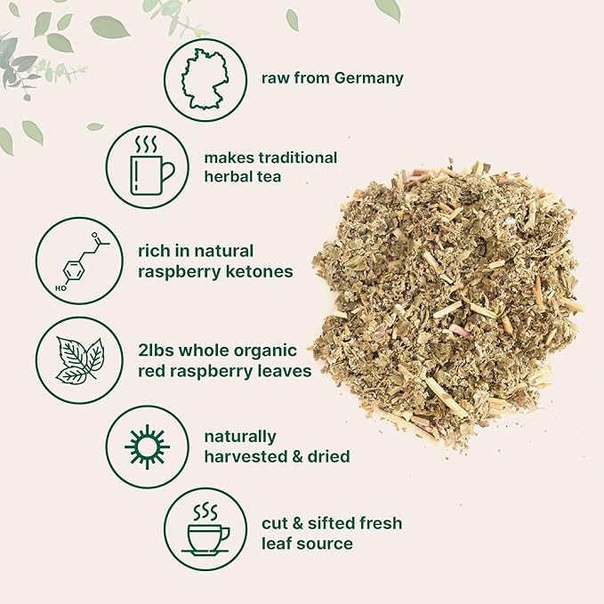 Organic Dried Raspberry Leaf Tea, 2lbs | Refills up to 907 Tea Bags | Premium Source from Germany for Herbal Pregnancy Tea | Cut & Sifted Whole Leaves | Non-GMO, No Sugar, Eco-Friendly Recyclable Bags
