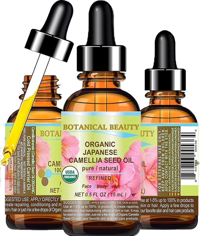 Botanical Beauty Japanese ORGANIC CAMELLIA Seed Oil. 100% Pure Natural Undiluted Refined Cold Pressed Carrier Oil to revitalize and rejuvenate the hair, skin and nails. 0.5 Fl. oz 15 ml