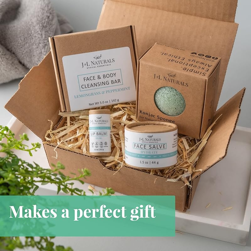 J&L Naturals Simple Skin Regimen Kit With Cleansing Bar, Face Salve, Konjac Sponge, Lip Balm | For Oily, Dry, Mature, and Combination Skin | Zero Waste (Shine (normal, dull skin), Simple)