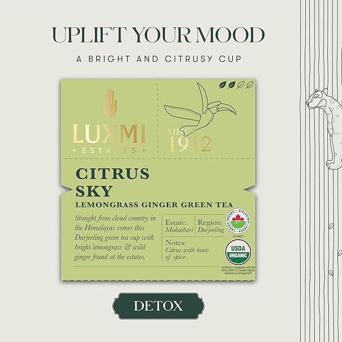 Luxmi Estates Citrus Sky Lemongrass Ginger Green Tea 50 Tea Bags (100g) Pack | Certified Organic Darjeeling Green Tea | Natural Lemon Balm Tea - Calming, Supports Digestion | 50 Cups Bulk Pack