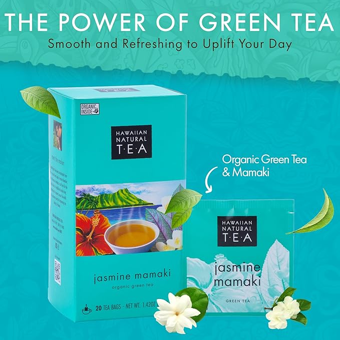 Hawaiian Natural Tea Organic Mamaki Jasmine Green Tea Blend - Antioxidant-Rich, Calming, Wellness Tea for Bedtime, Anxiety & Stress - Gift for Tea Lovers - 120 Tea Bags