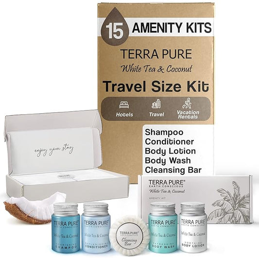 Terra Pure White Tea & Coconut Amenity Kit | Hotel Bulk Toiletries | 1 oz Shampoo, Conditioner, Lotion, Body Wash, Cleansing Bar for Guest Hospitality Vacation Rentals| 15 Sets/Case