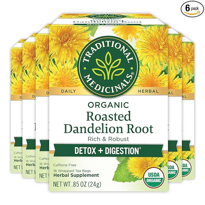 Traditional Medicinals Tea, Organic Roasted Dandelion Root, Supports Kidney Function & Healthy Digestion, 96 Tea Bags (6 Pack)